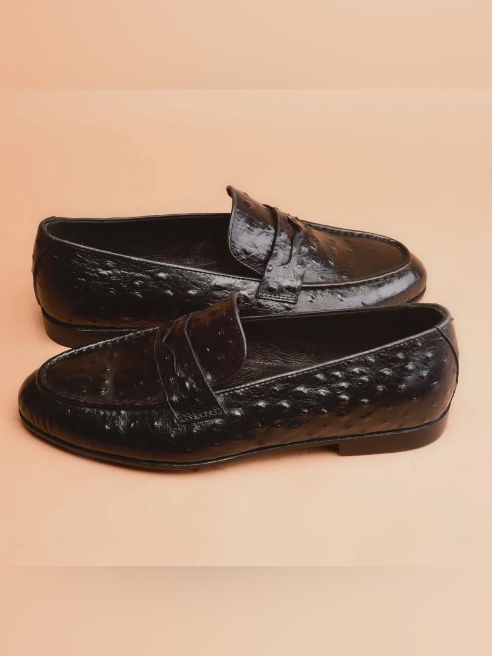 Handmade Black Ostrich Embossed Leather Penny Loafers EU 42 / US 9
